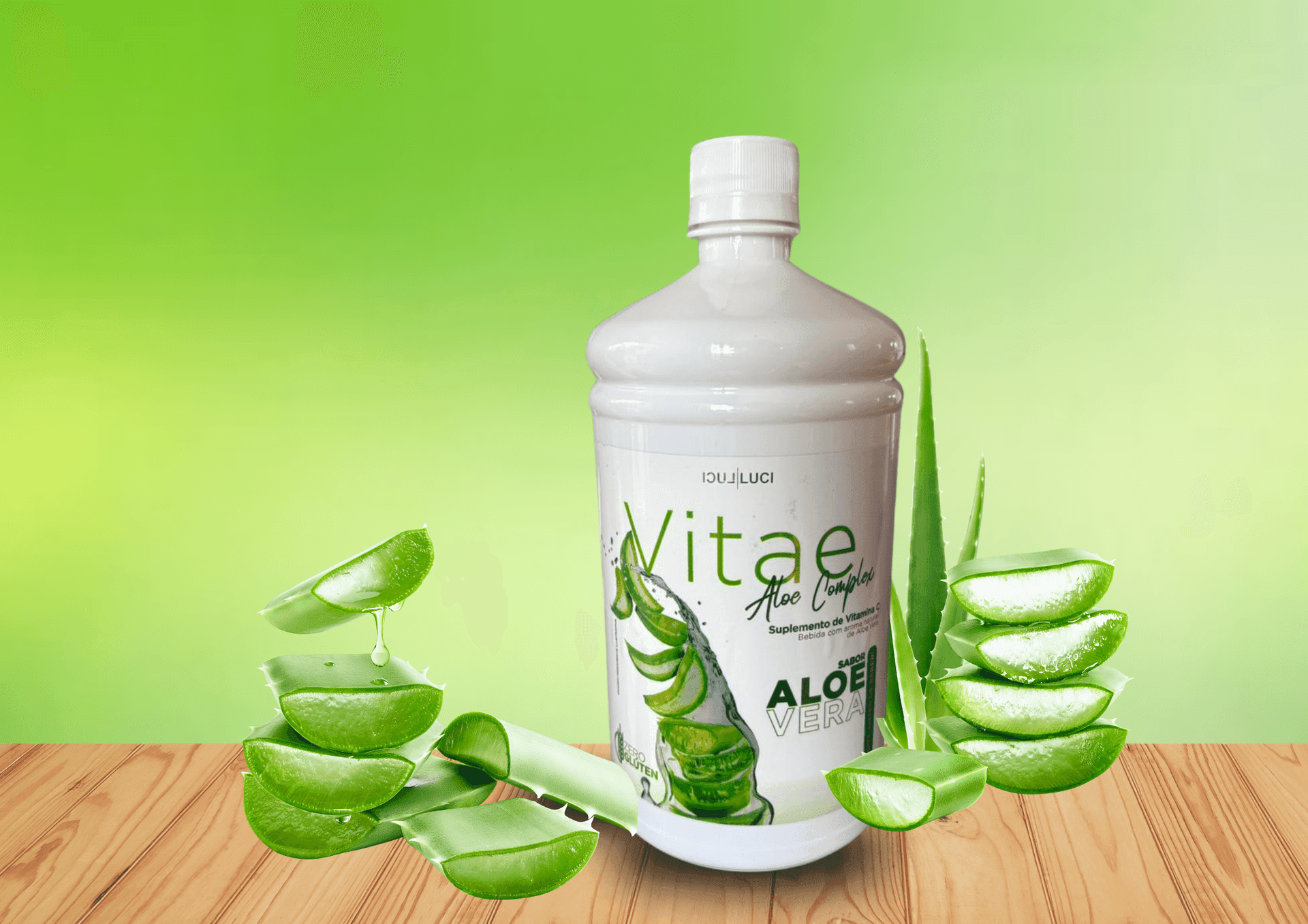 Aloe vera supplement bottle with aloe leaves and slices on a wooden surface, green background.
