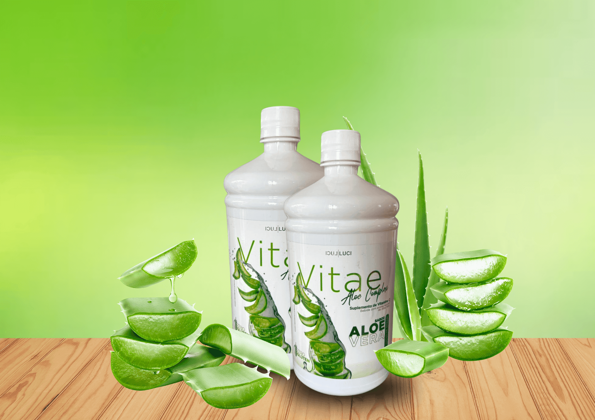 Two bottles of aloe vera juice with aloe leaves and slices on a wooden surface.